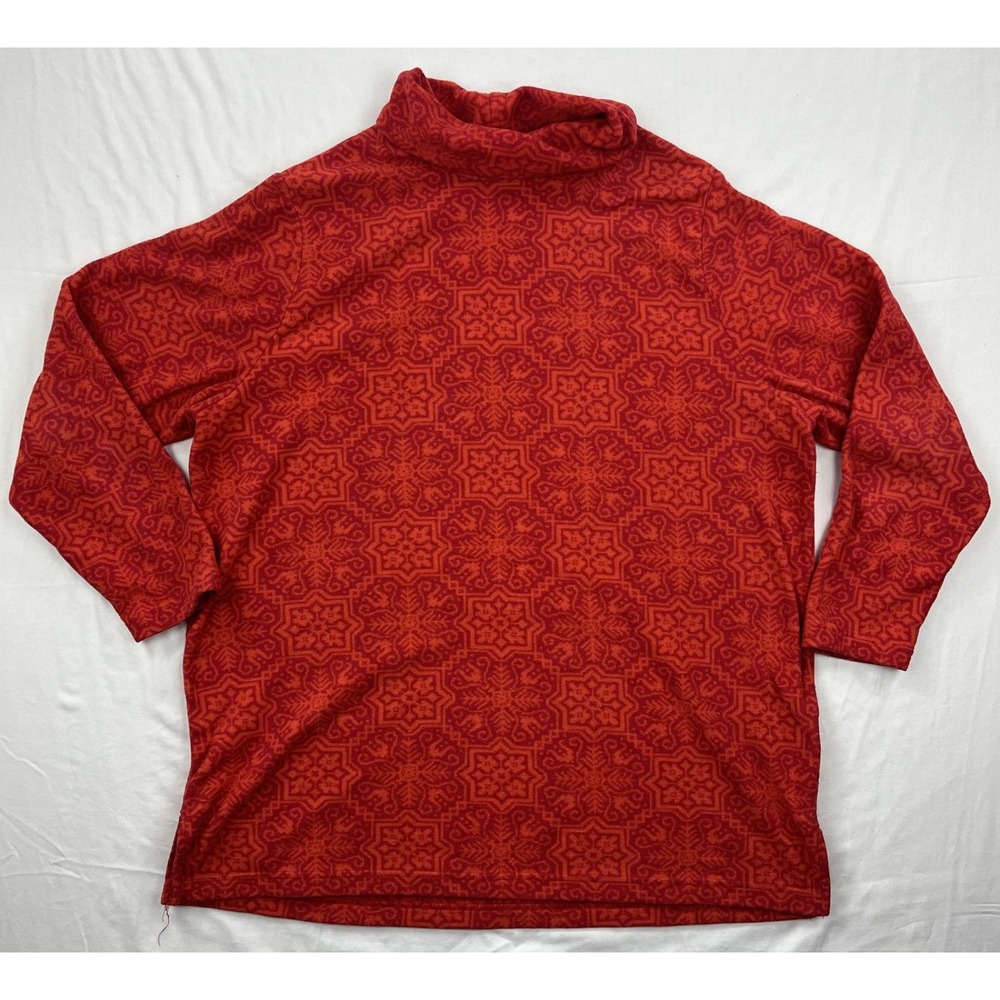Lands' End Women 1X Red Fair Isle Snowflake Funnel Neck Fleece Pullover Sweater